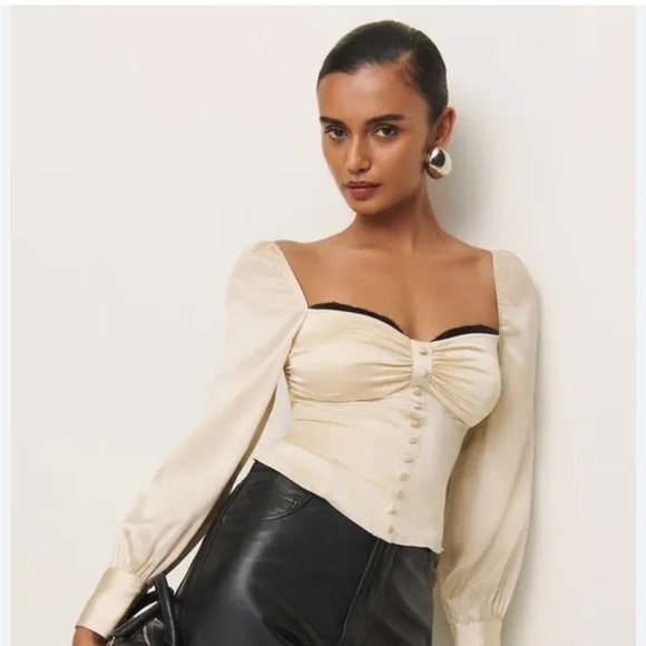 NWT Reformation Chiara Long Sleeve Silk Blouse Top Almond Cream Black 10 - Picture 1 of 8